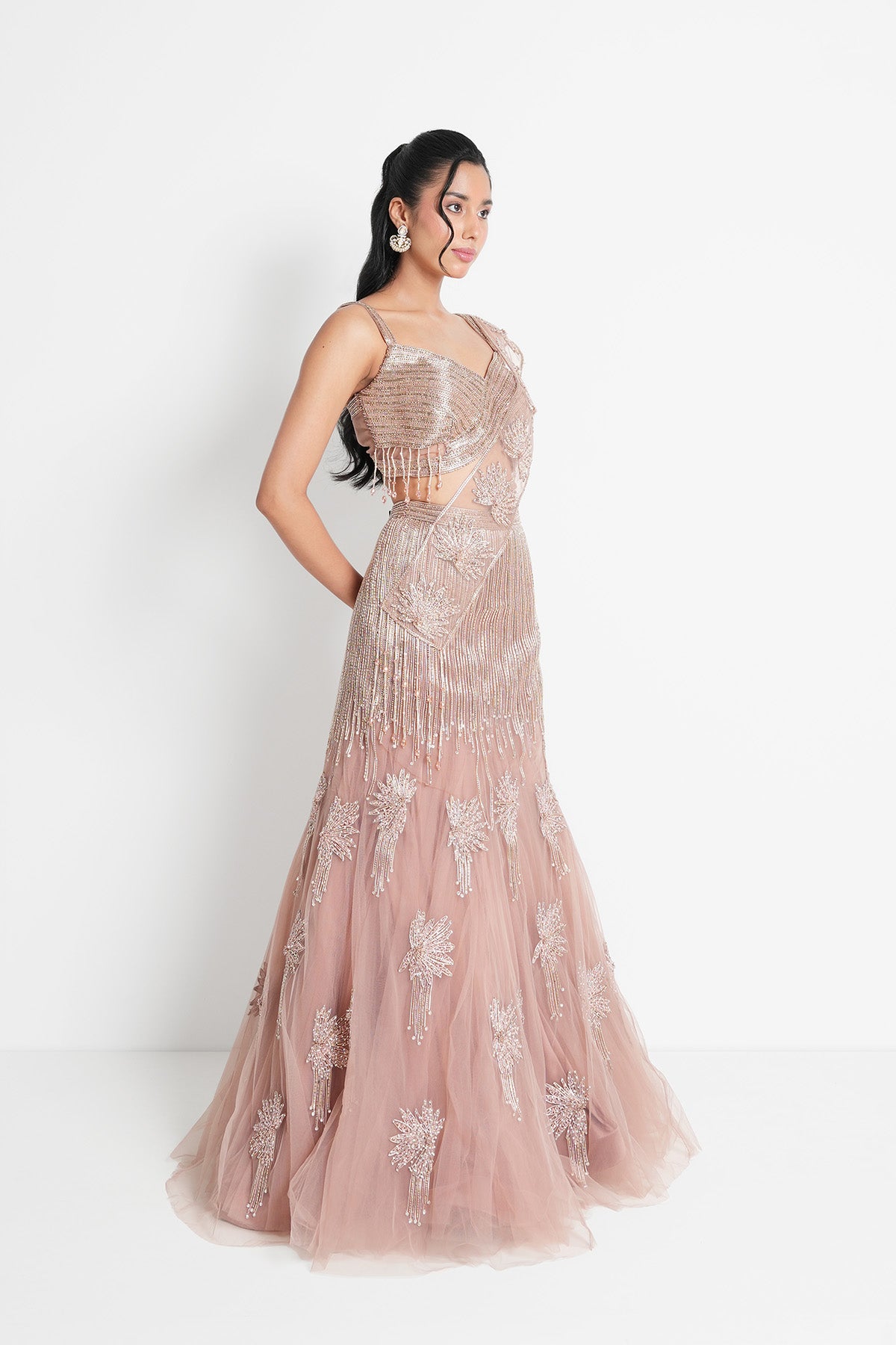 Dusty Rose Fishcut Lehenga Saree Set