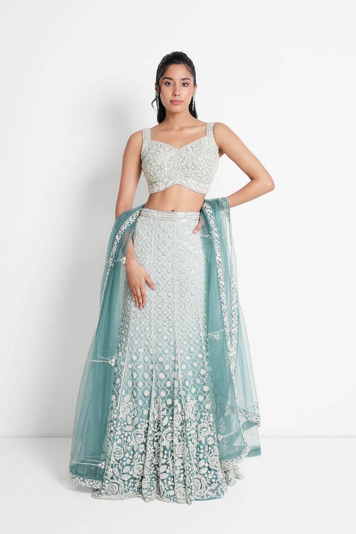 Aqua Blue Ombre Fishcut Lehenga Set