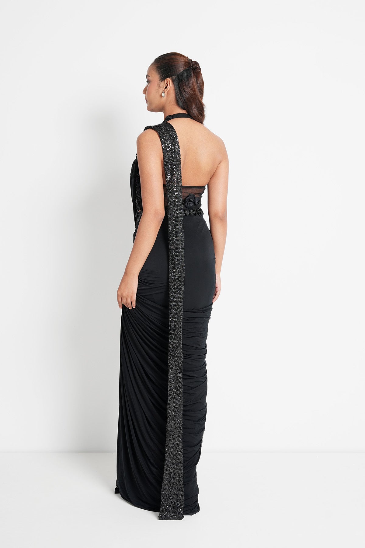 Jet Black Pre-Draped Saree Set with Fancy Sequins Net Drape