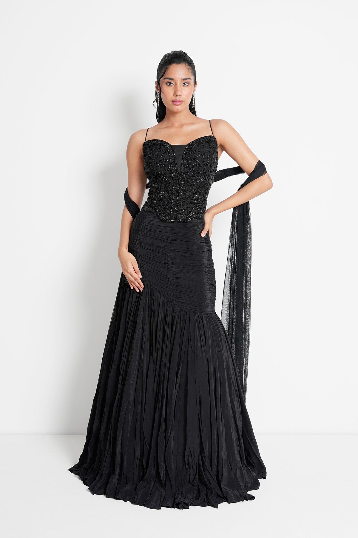 Black Fishcut Lehenga in Crepe and Corset Blouse Set