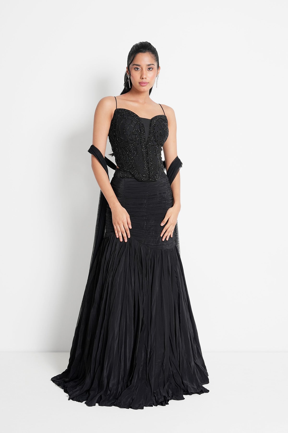 Black Fishcut Lehenga in Crepe and Corset Blouse Set