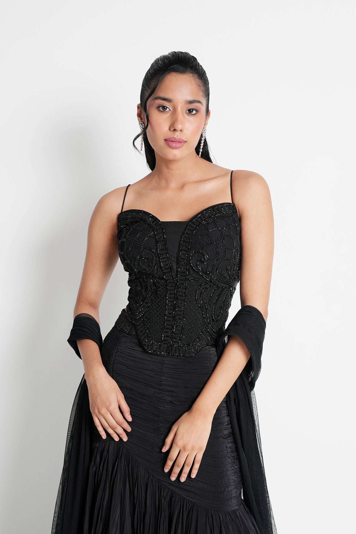Black Fishcut Lehenga in Crepe and Corset Blouse Set