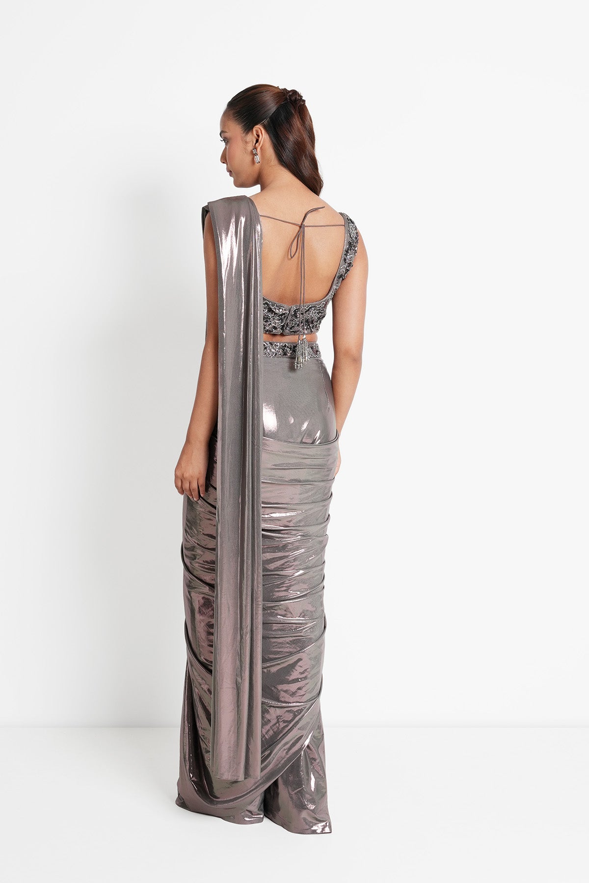 Dusty Mauve Grey Metallic Pre-draped Saree Set