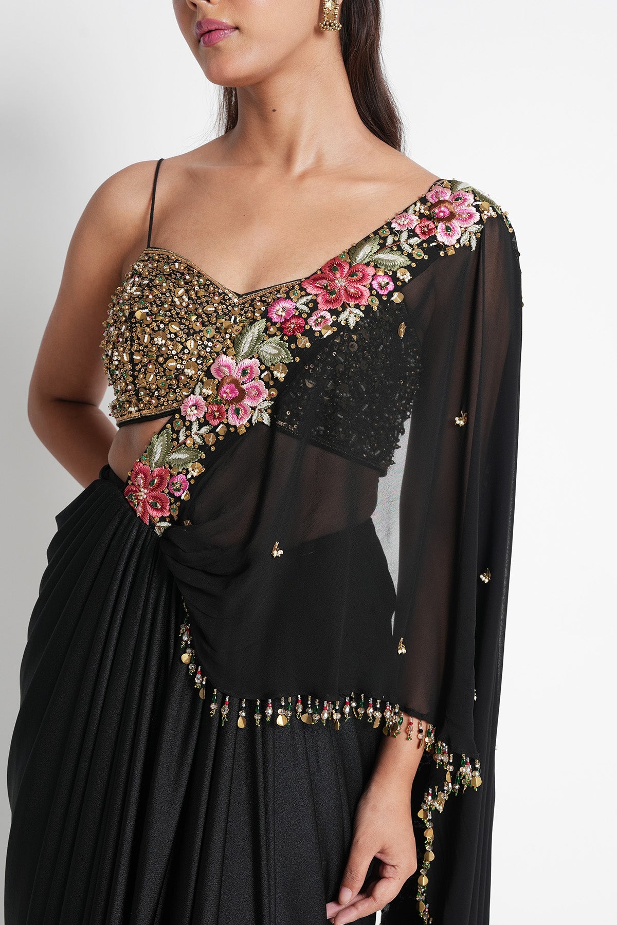 Black Pre-draped Saree Set with Metal Sequins and Floral Embroidery