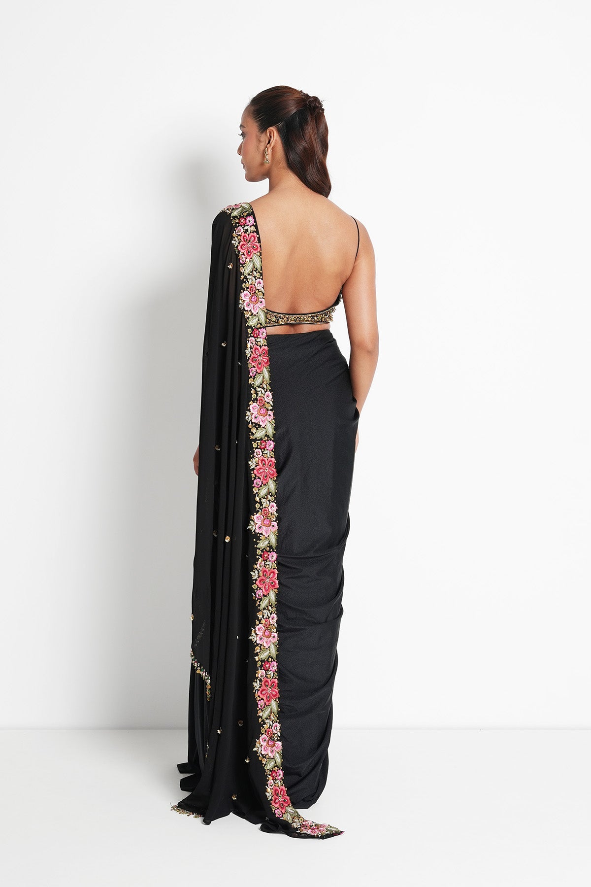Black Pre-draped Saree Set with Metal Sequins and Floral Embroidery