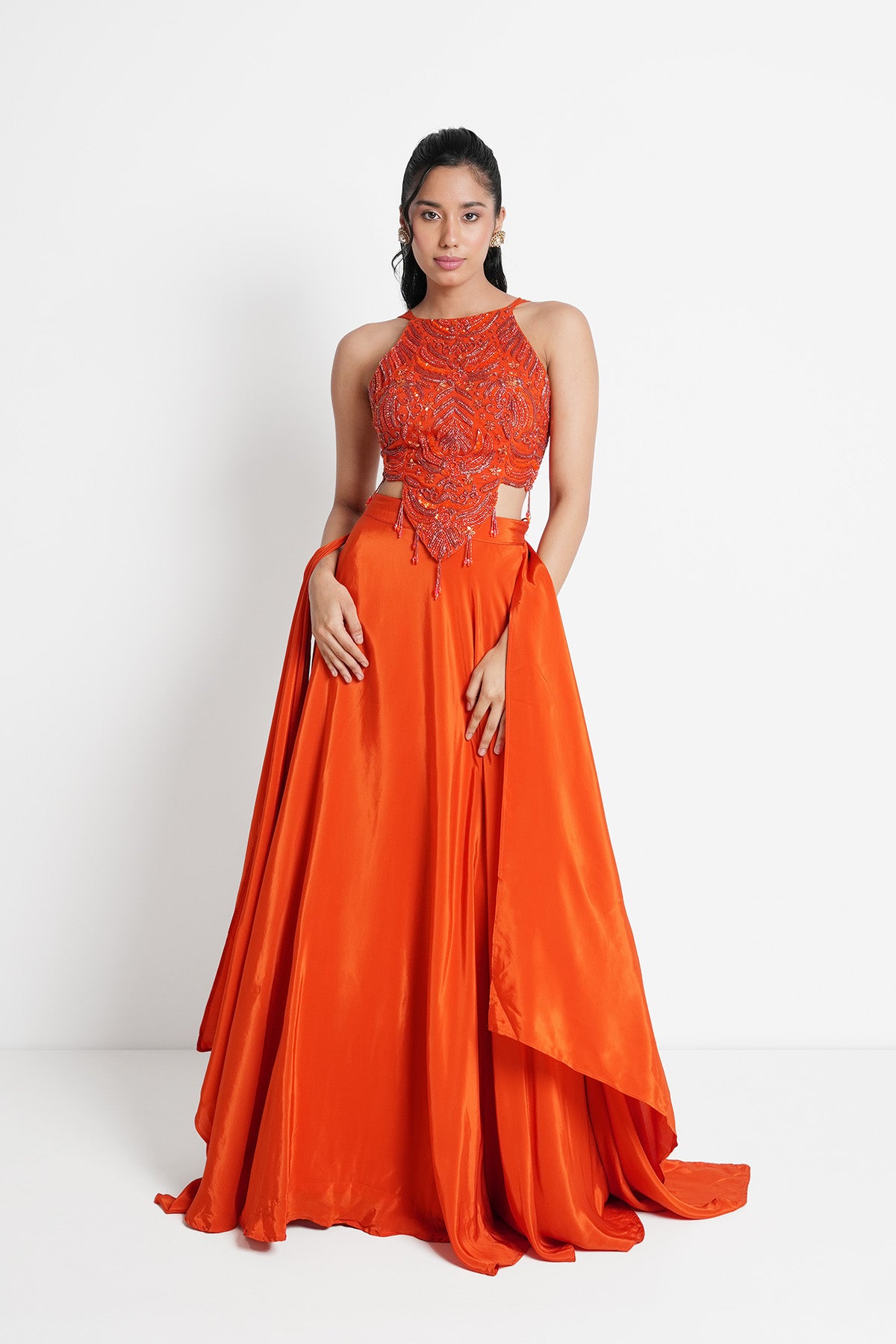 Tangerine Orange Halter Neck Top and Skirt in Crepe Set