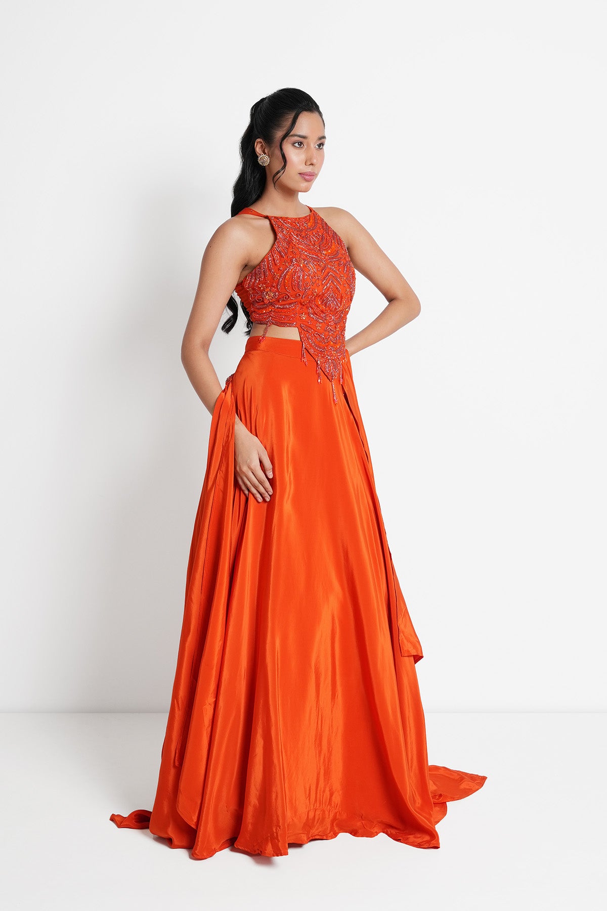 Tangerine Orange Halter Neck Top and Skirt in Crepe Set