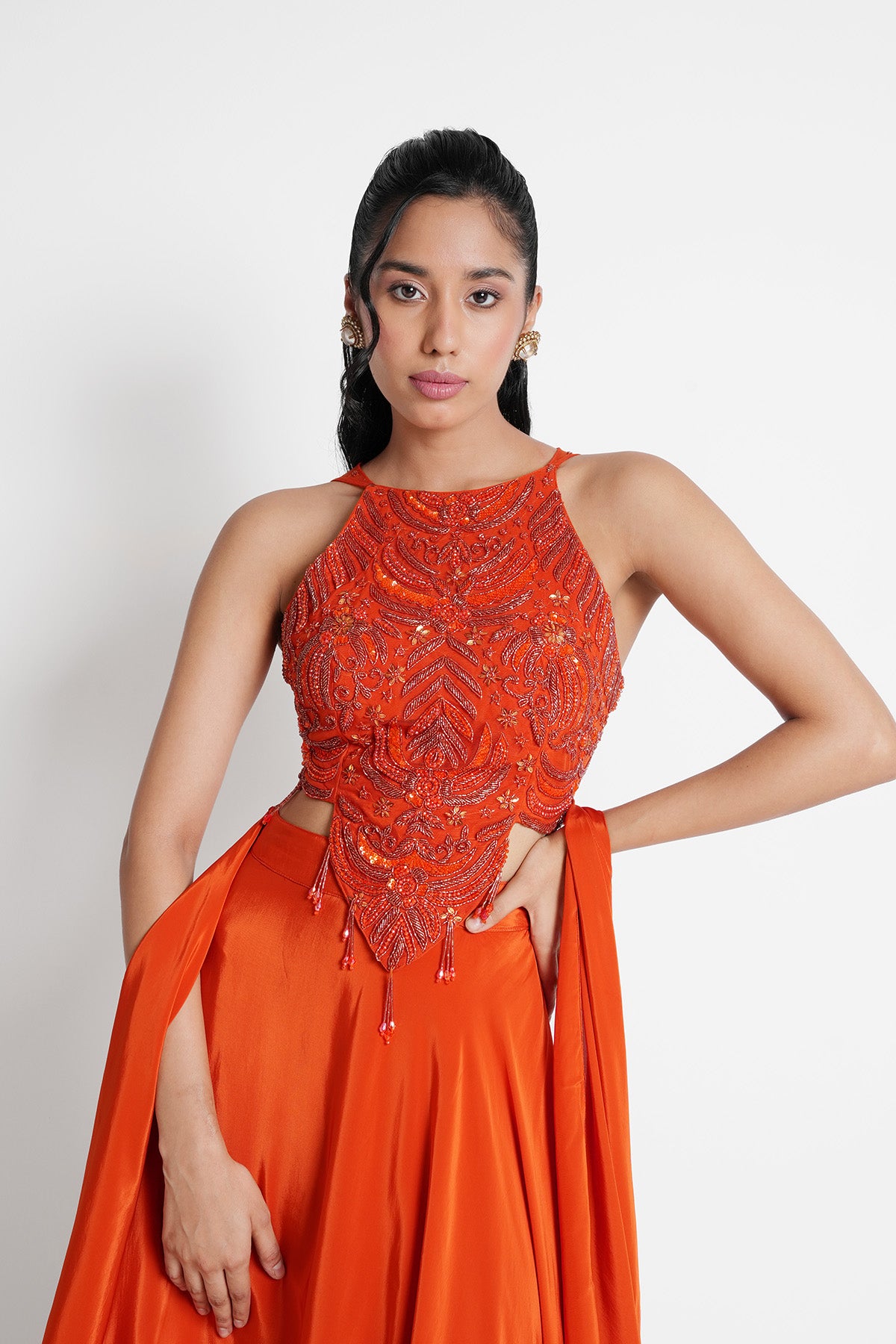 Tangerine Orange Halter Neck Top and Skirt in Crepe Set