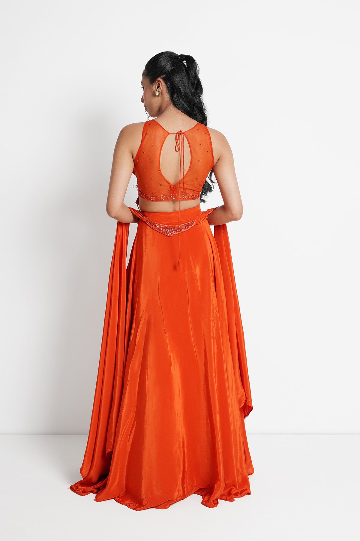 Tangerine Orange Halter Neck Top and Skirt in Crepe Set