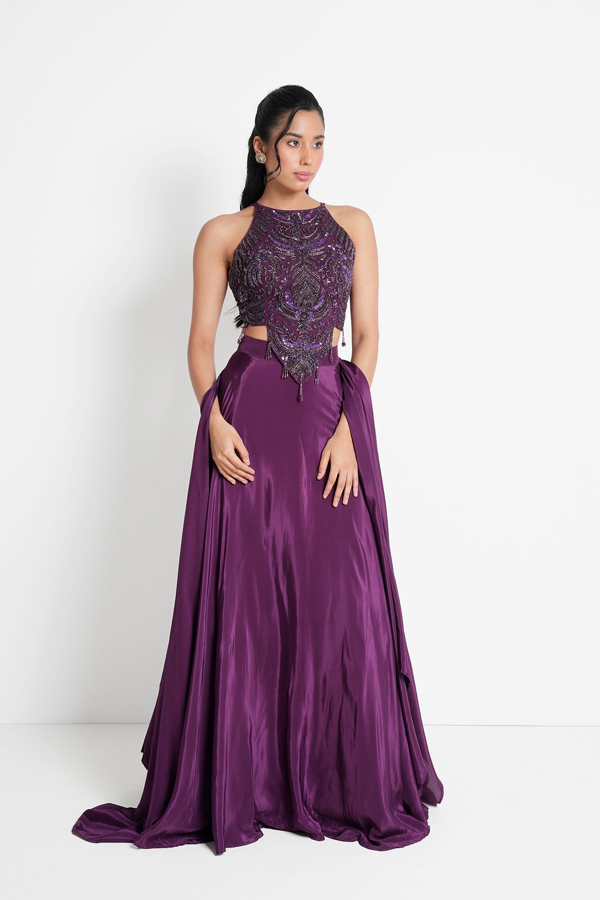 Deep Magenta Halter Neck Top and Skirt in Crepe Set