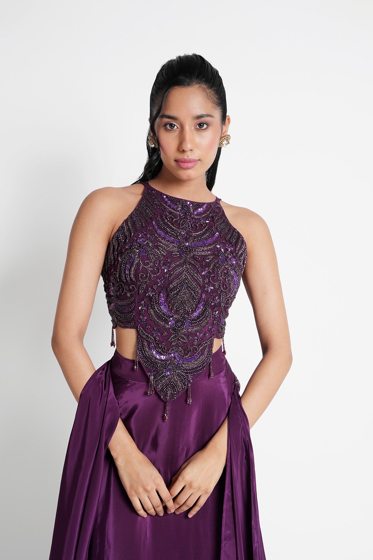 Deep Magenta Halter Neck Top and Skirt in Crepe Set