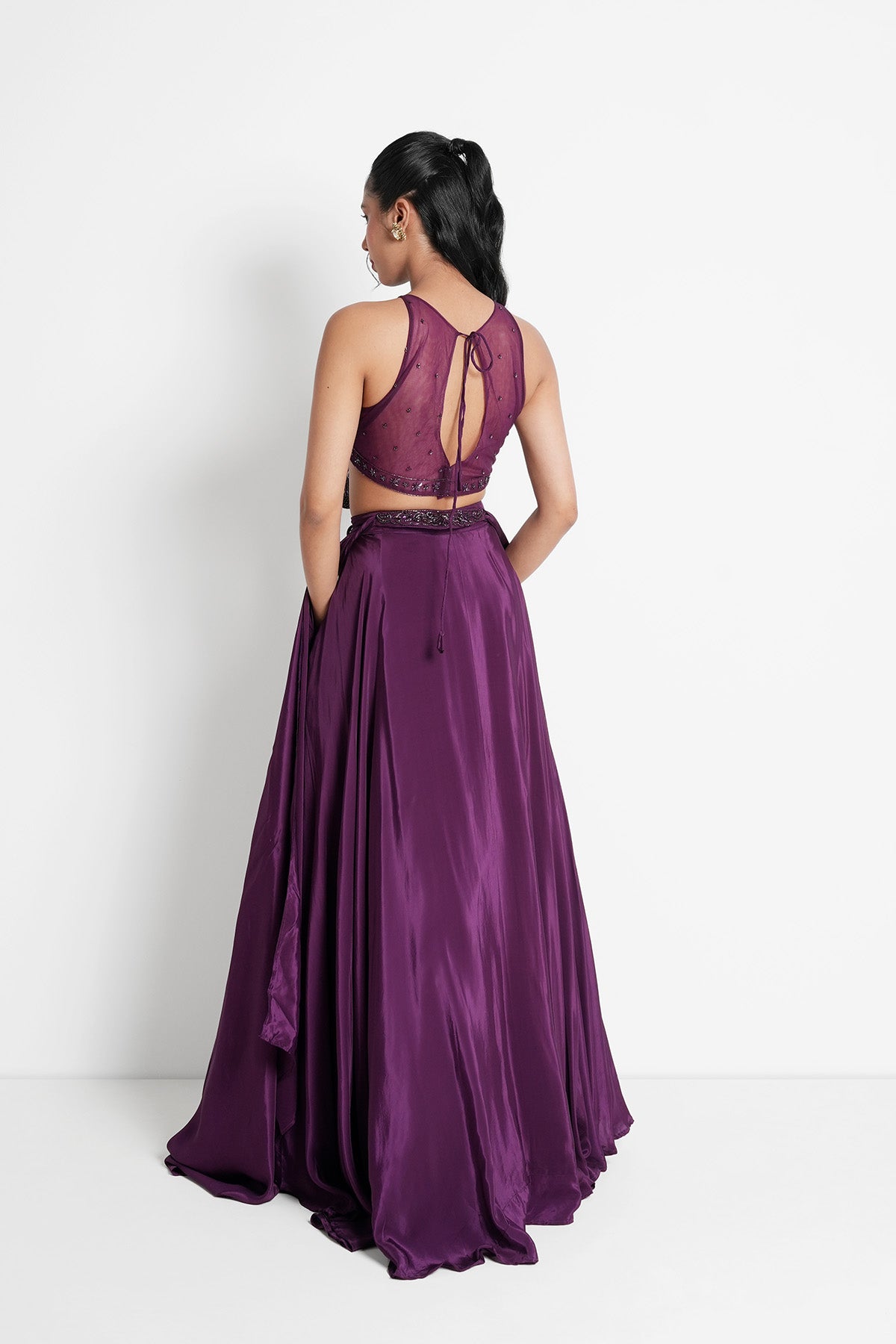 Deep Magenta Halter Neck Top and Skirt in Crepe Set