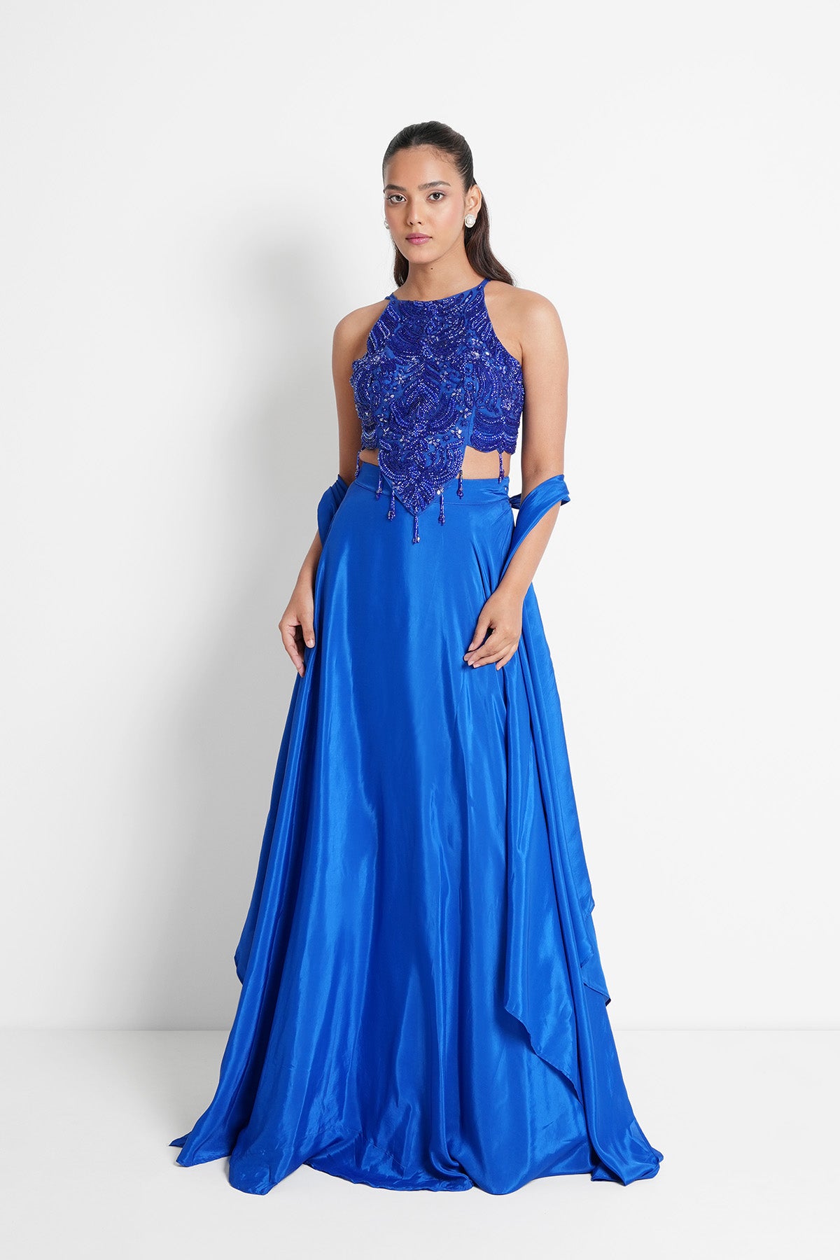 Royal Blue Halter Neck Top and Skirt in Crepe Set