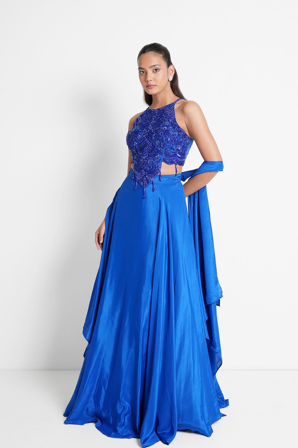 Royal Blue Halter Neck Top and Skirt in Crepe Set