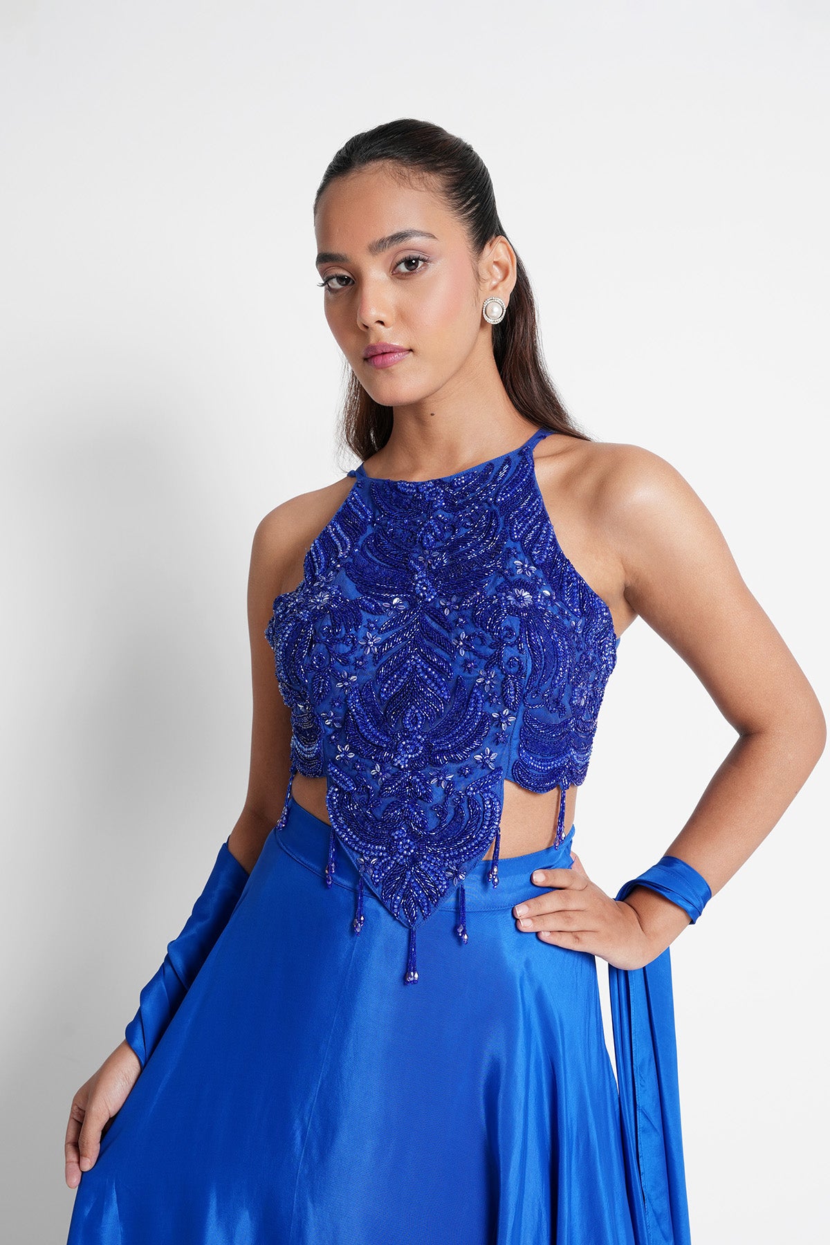 Royal Blue Halter Neck Top and Skirt in Crepe Set