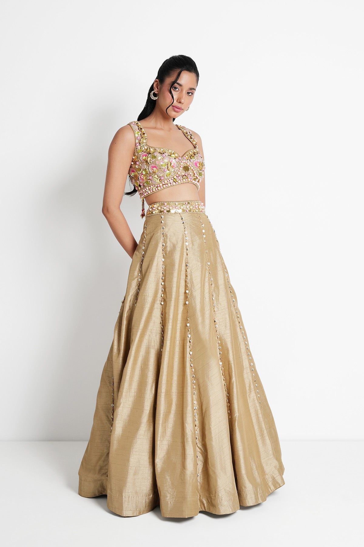 Beige Gold Sweetheart Neck Crop Top and Skirt Set in Silk