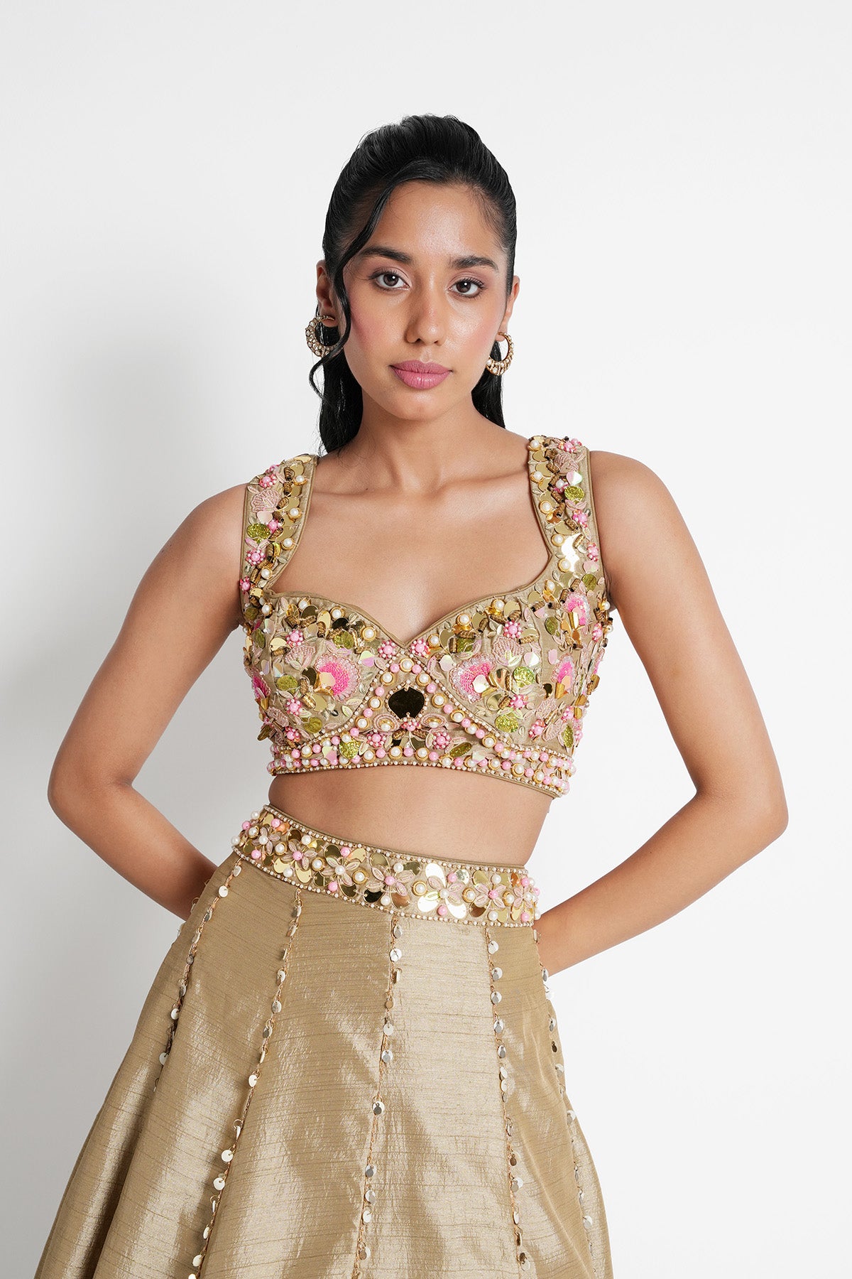 Beige Gold Sweetheart Neck Crop Top and Skirt Set in Silk
