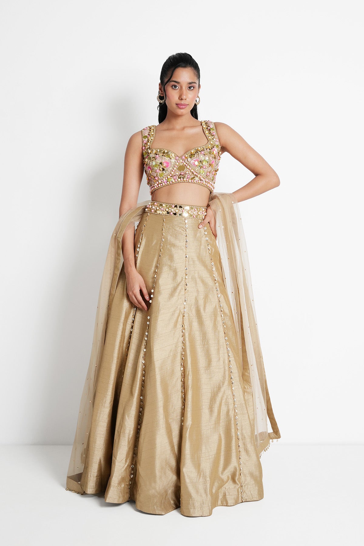 Beige Gold Sweetheart Neck Crop Top and Skirt Set in Silk