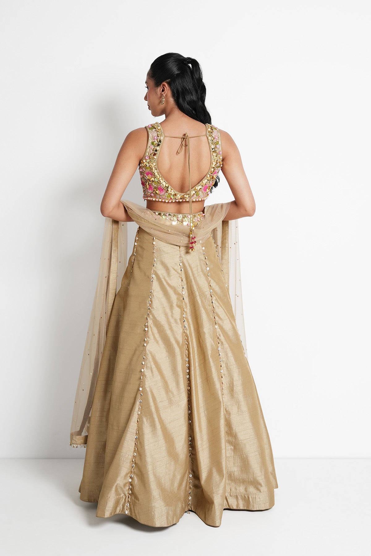 Beige Gold Sweetheart Neck Crop Top and Skirt Set in Silk