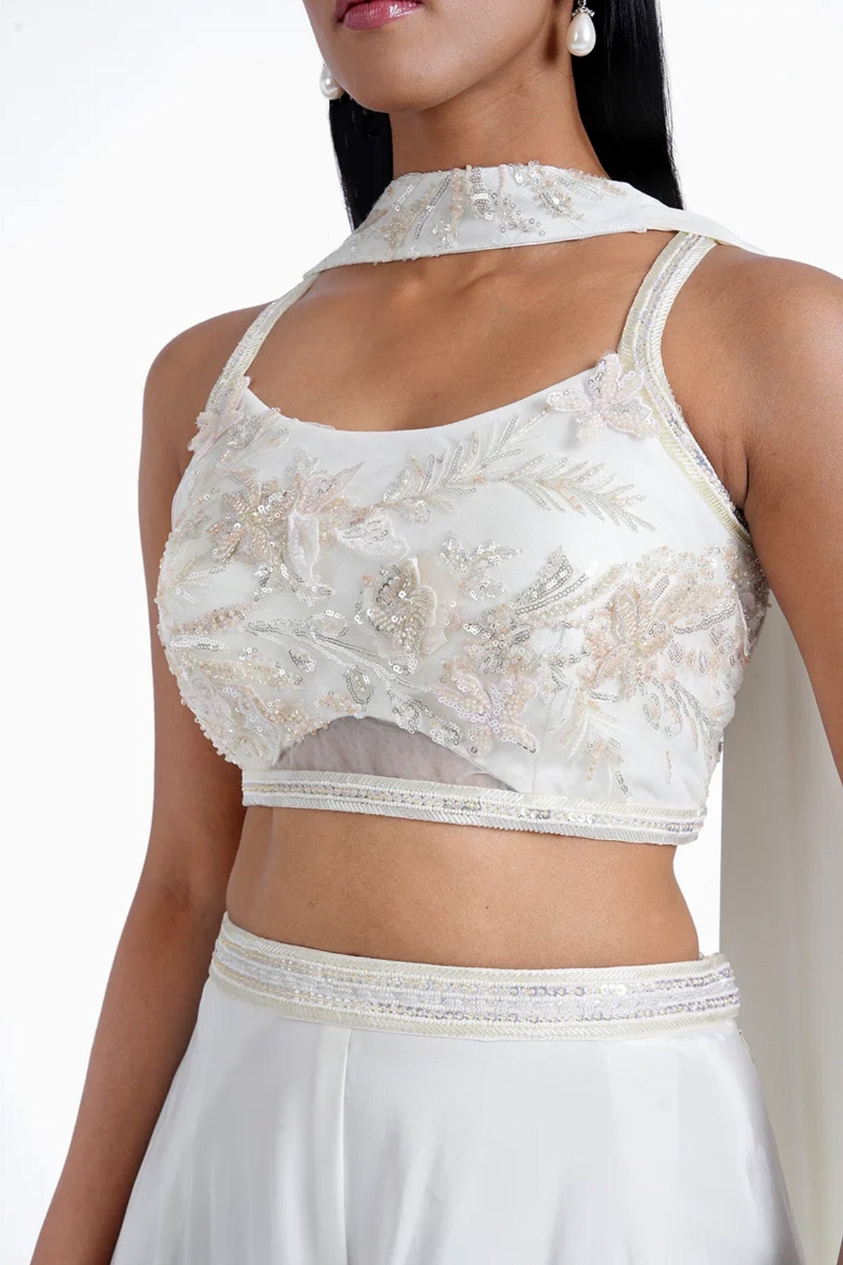 Ivory spaghetti top with palazzo and choker dupatta in crepe