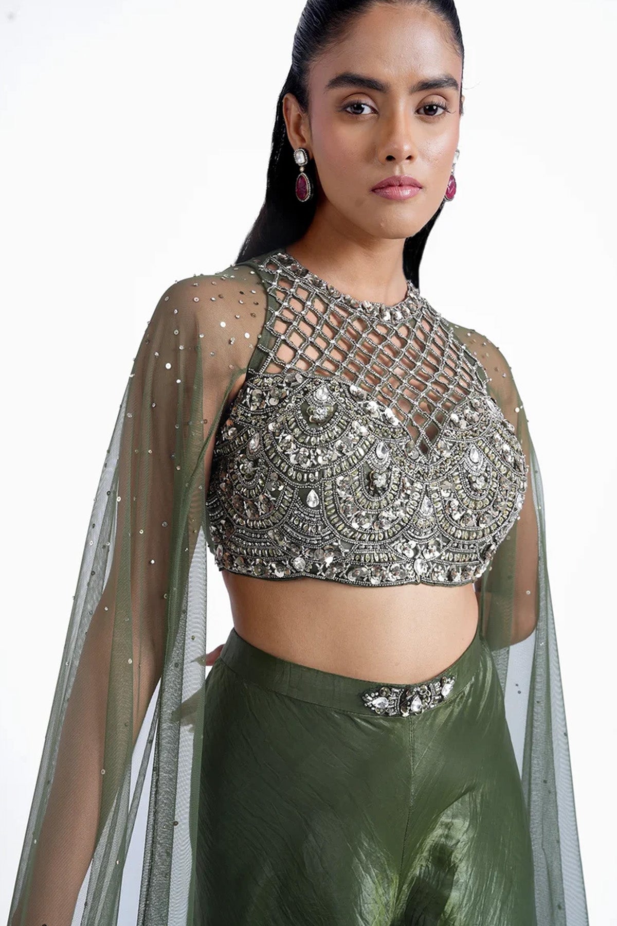 Mehendi green halter neck top with cape sleeves and palazzo set