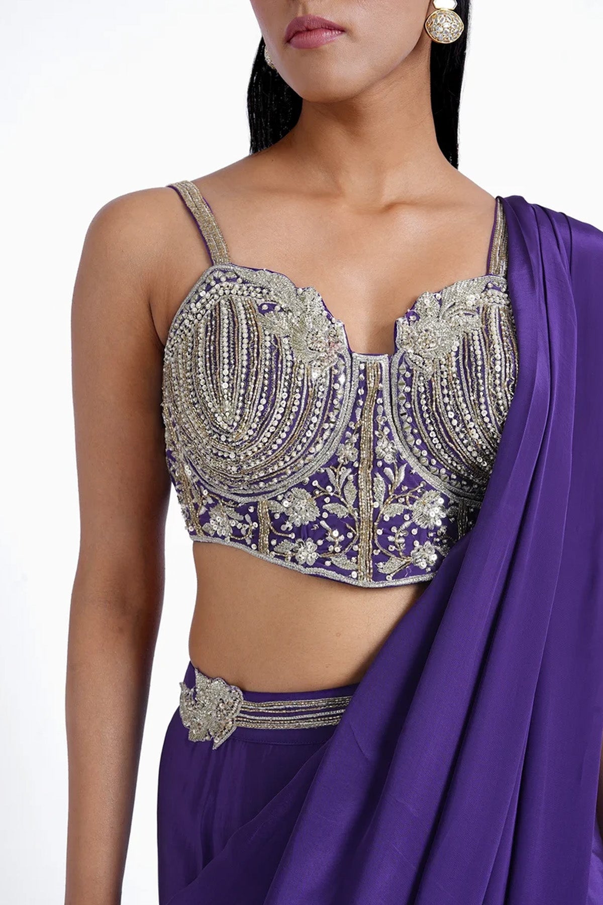 Purple pre-draped saree in crepe with katori style blouse set