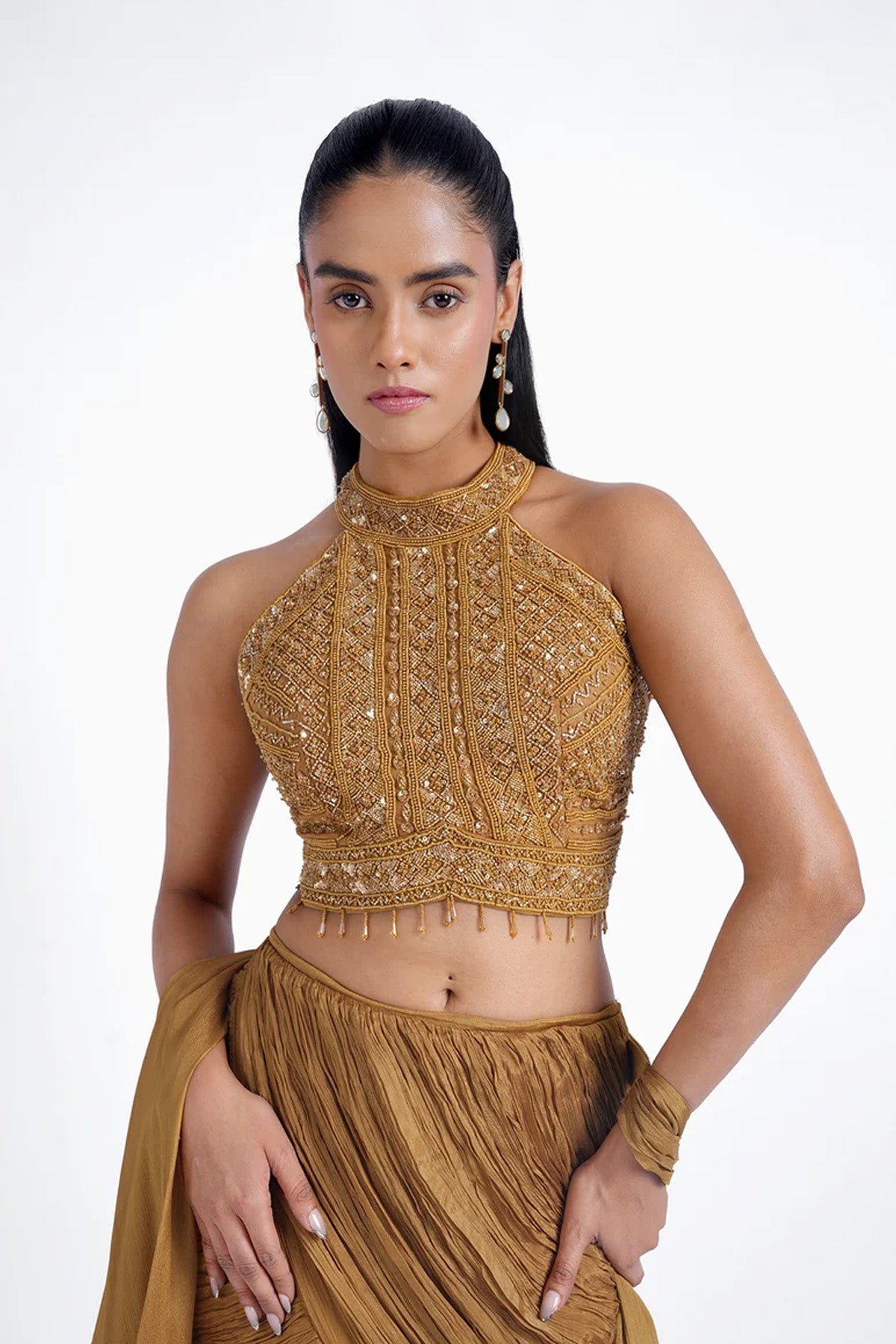 Mustard yellow fishcut skirt and halter neck top set
