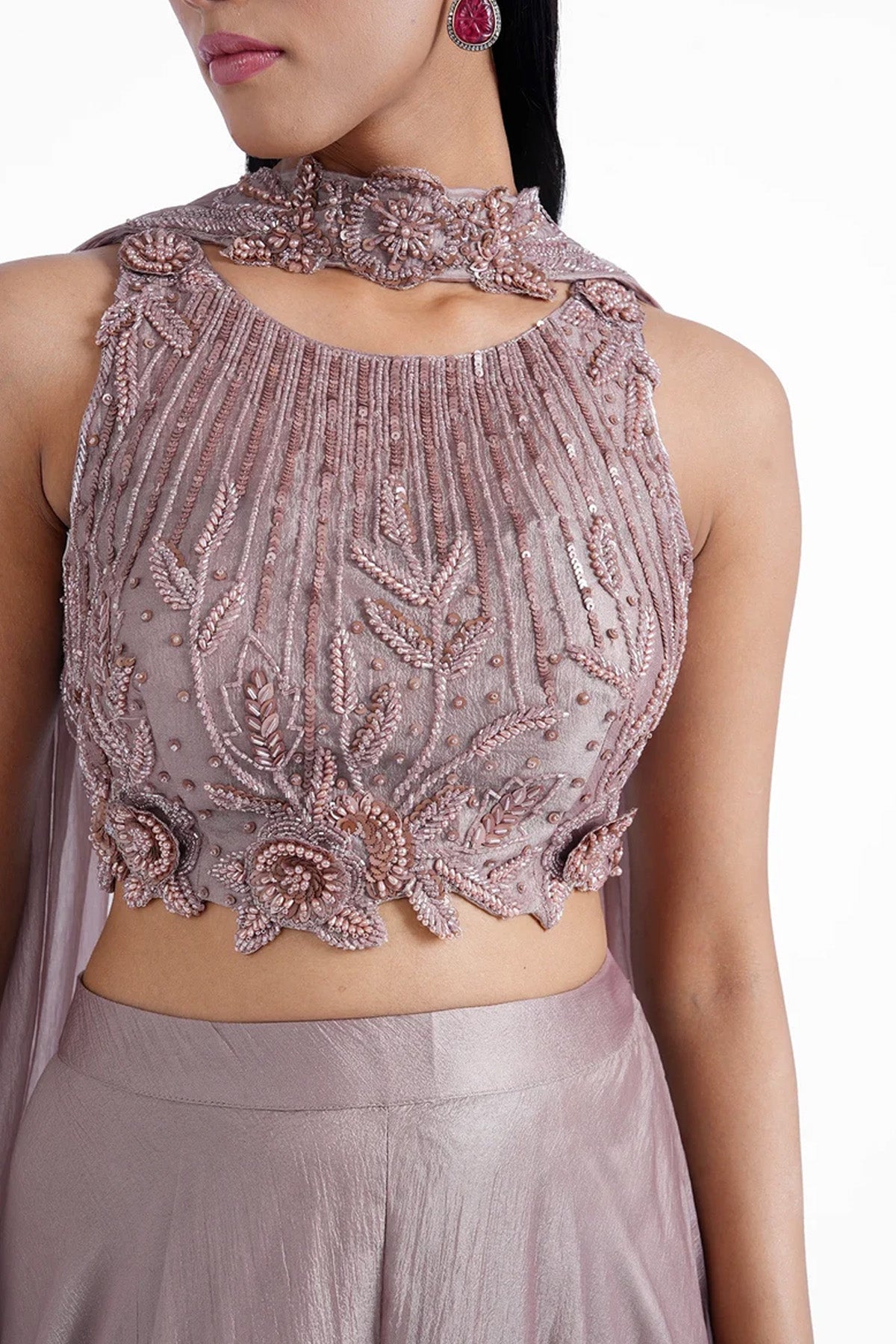 Dusty copper top and palazzo with choker dupatta set in shiny organza
