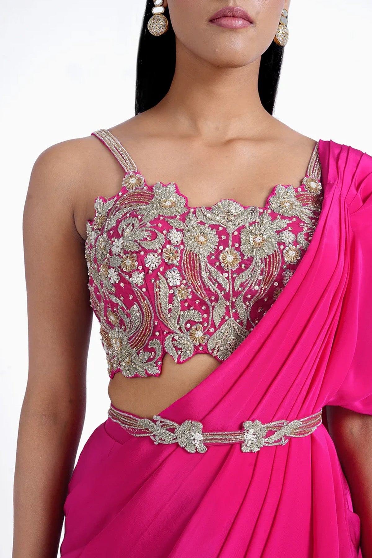 Rani pink pre-draped saree in crepe with spaghetti blouse and belt set