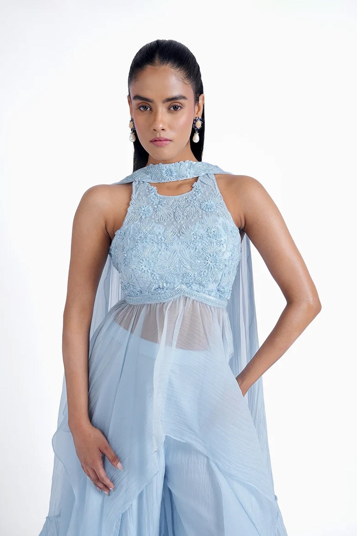 Ice blue palazzo and long top with choker dupatta set in organza