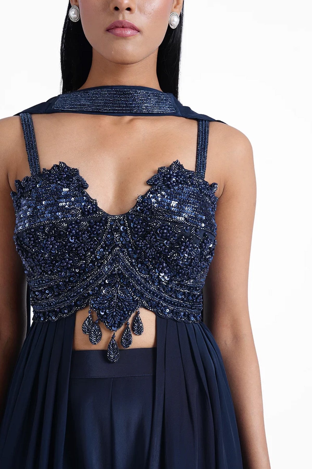 Dark navy blue long top and palazzo with a choker dupatta set