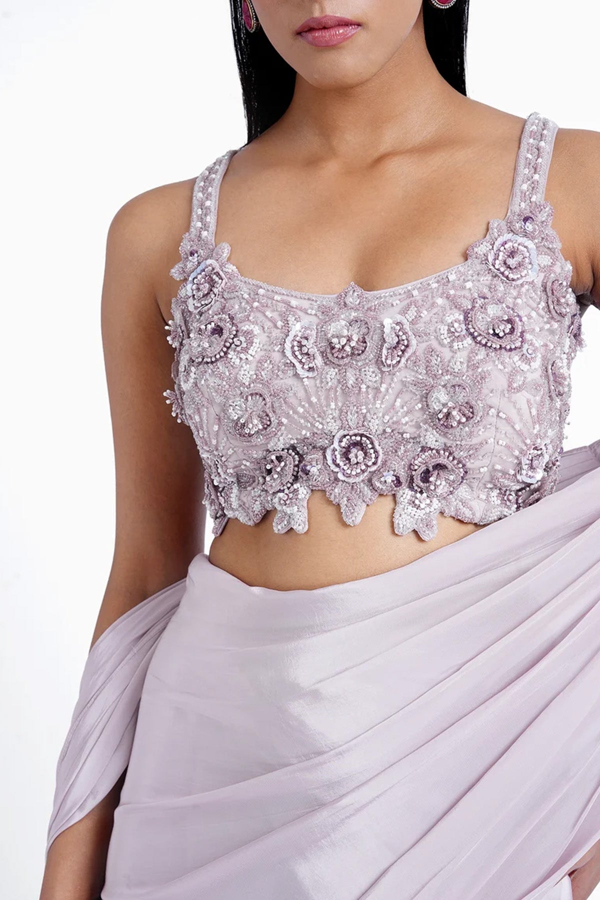 Light lilac 3-tiered fishcut pre-draped saree with spaghetti blouse set