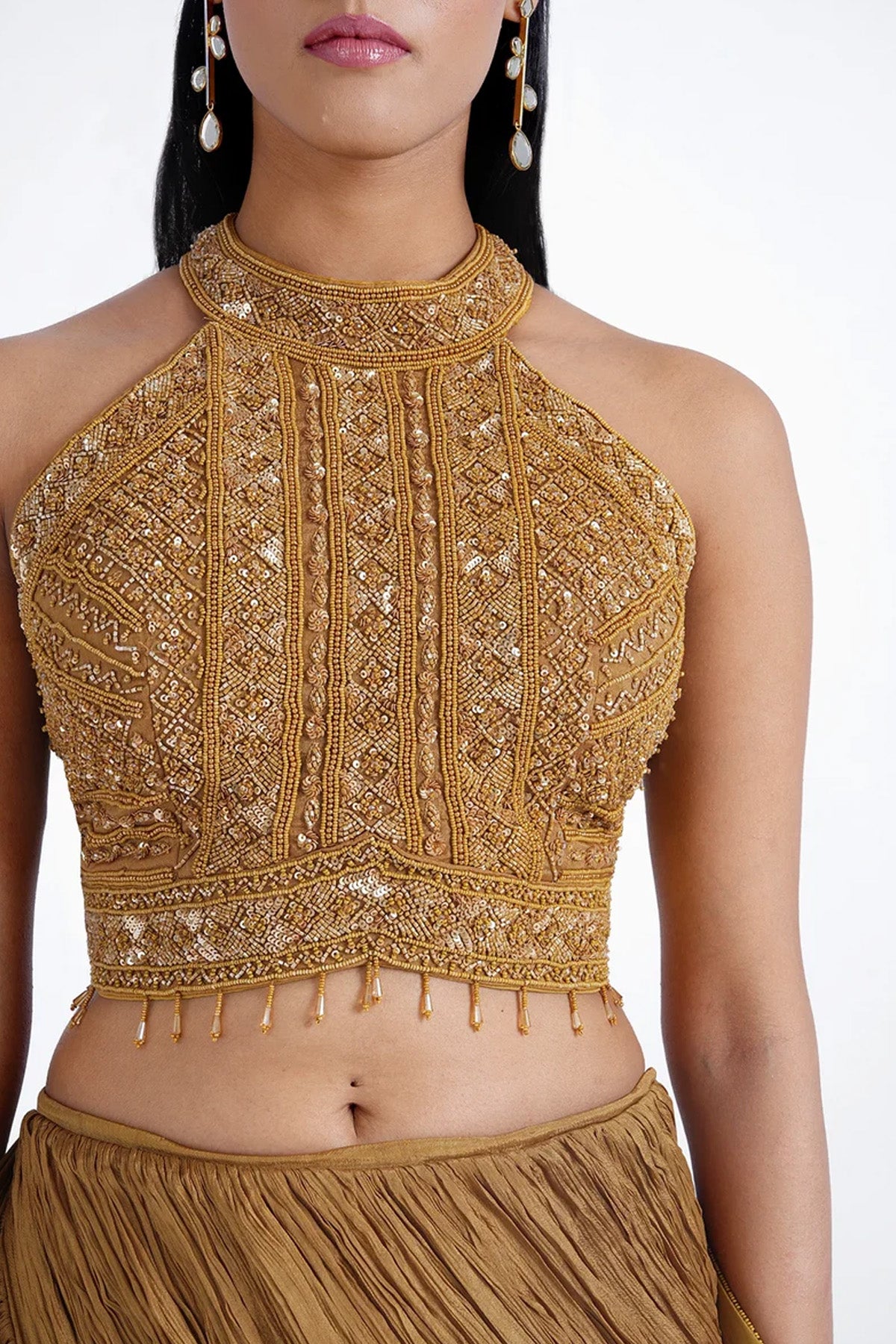 Mustard yellow fishcut skirt and halter neck top set