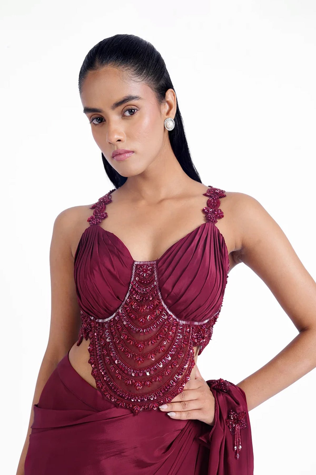Dark crimson red pre-draped saree with fancy blouse set