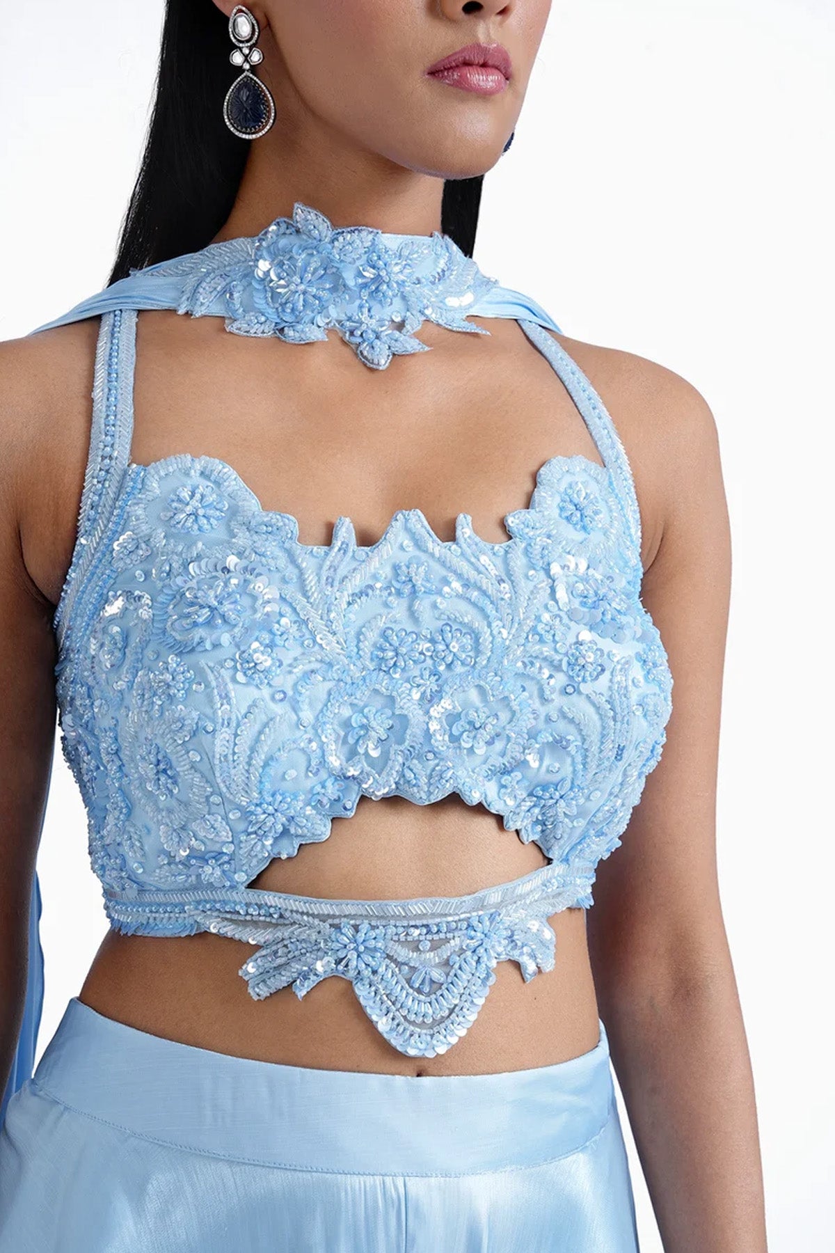 Bright blue hand embroidered top with palazzo and choker dupatta set in shiny imported tissue