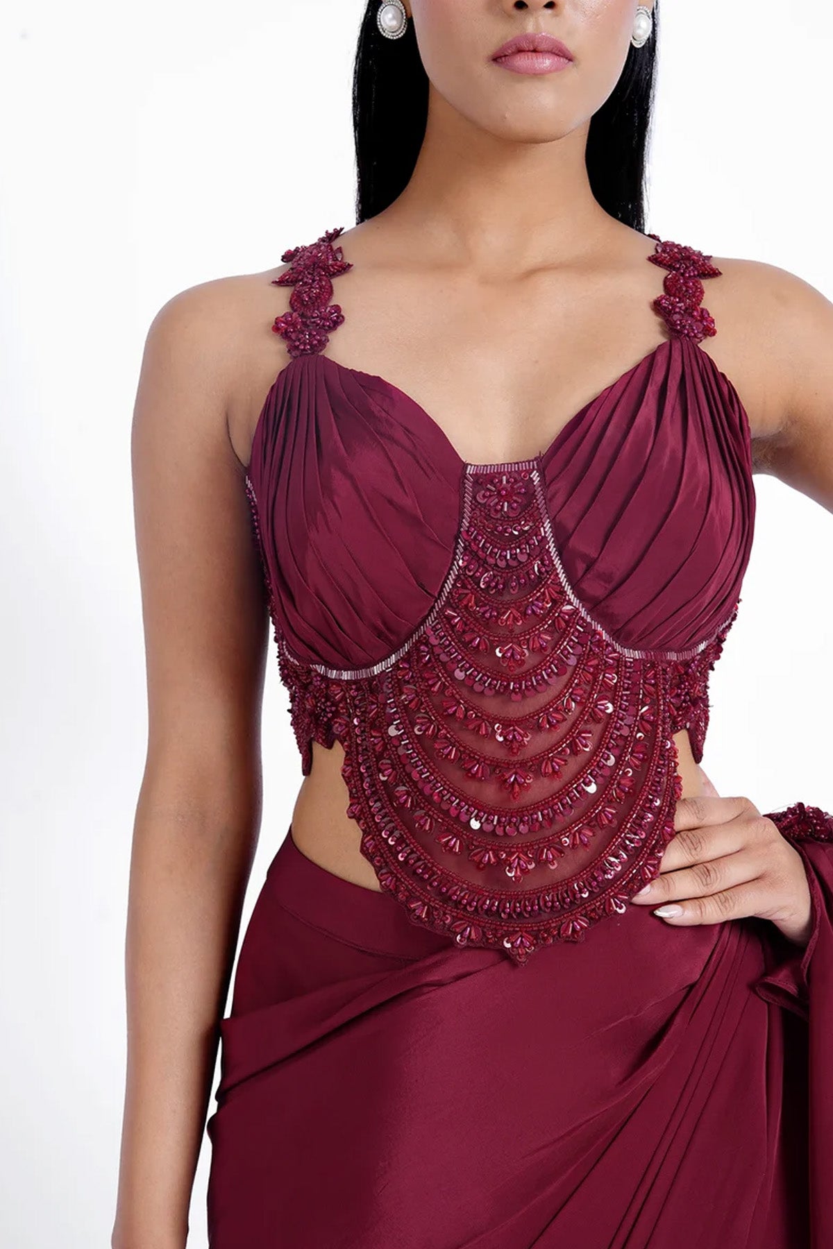 Dark crimson red pre-draped saree with fancy blouse set