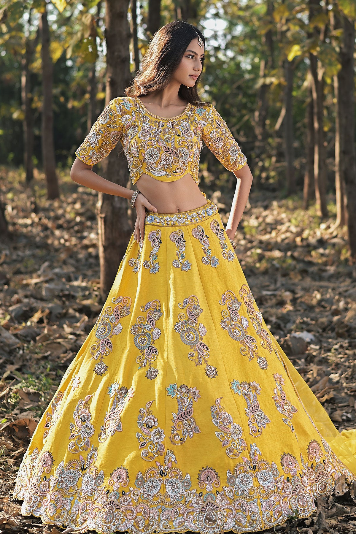 SERA I- chrome yellow lehenga set in raw silk