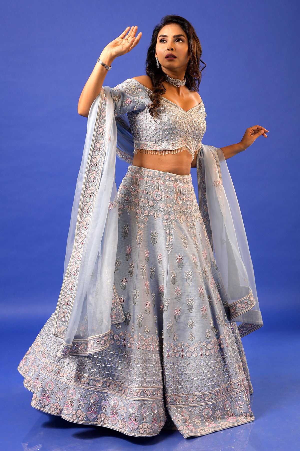 PANIHARI---Light Steel Blue Hand Embroidered Lehenga Set in Raw Silk