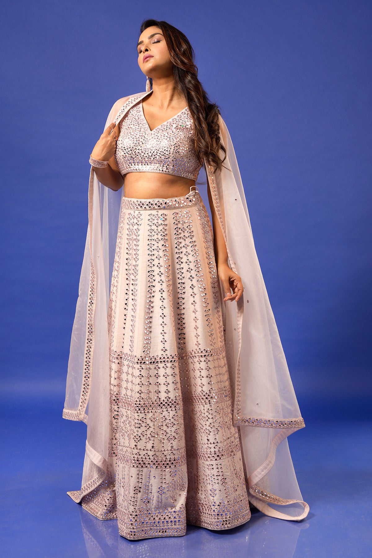 PANIHARI-Champagne Pink Mirror Work Lehenga Set