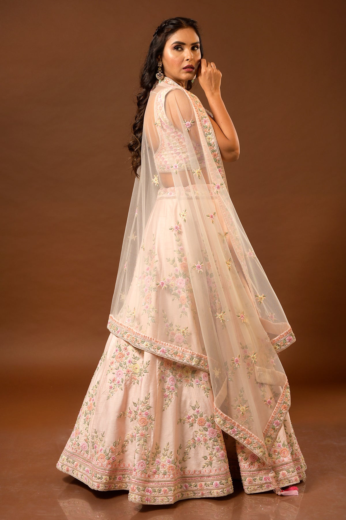PANIHARI-Light Peach Embroidered Lehenga Set in Raw Silk