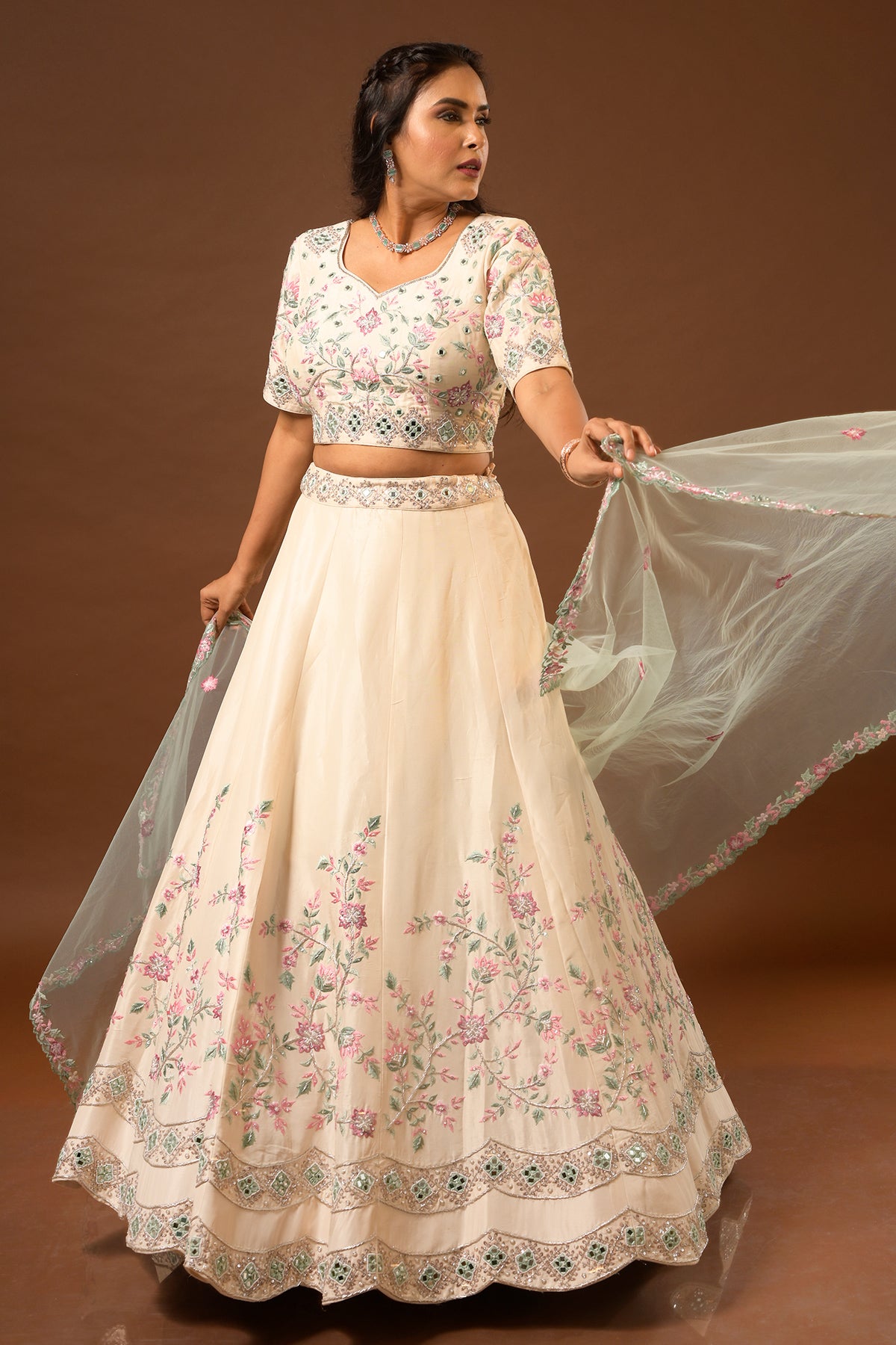 PANIHARI-Light Peach Lehenga Set in Opada Silk With Multi Coloured Thread Work and Mirror Work