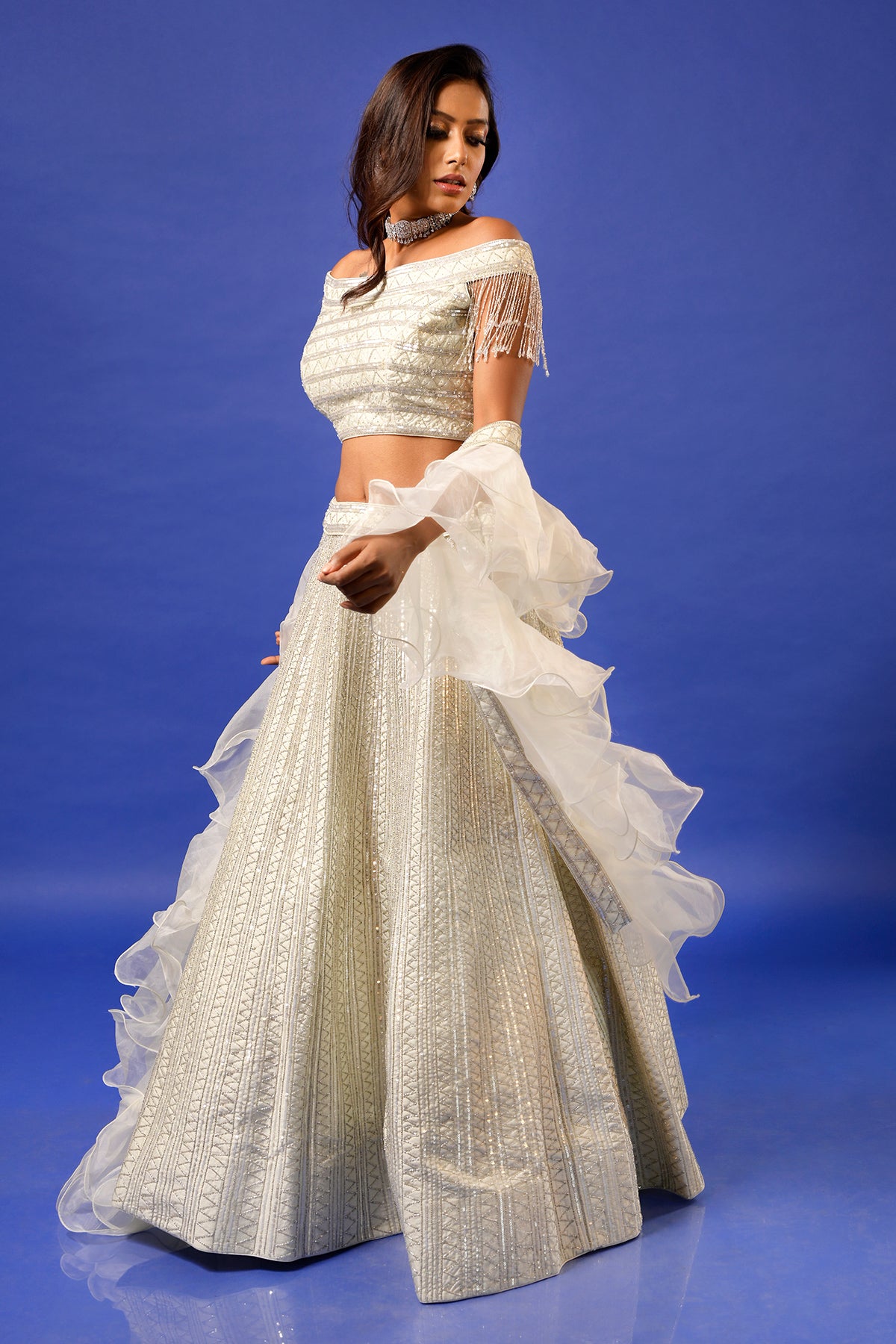 PANIHARI Ice Blue Hand Embroidered Lehenga Set With an Off Shoulder Blouse and Ruffle Organza Dupatta
