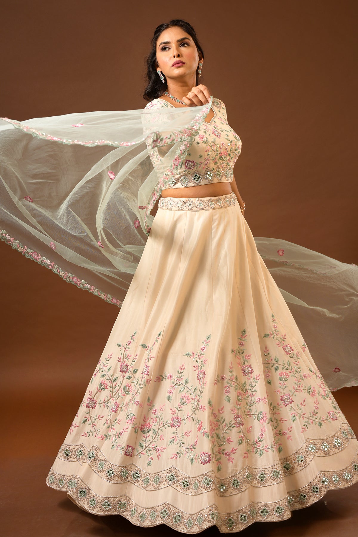 PANIHARI Light Peach Lehenga Set in Opada Silk With Multi Coloured Thread Work and Mirror Work
