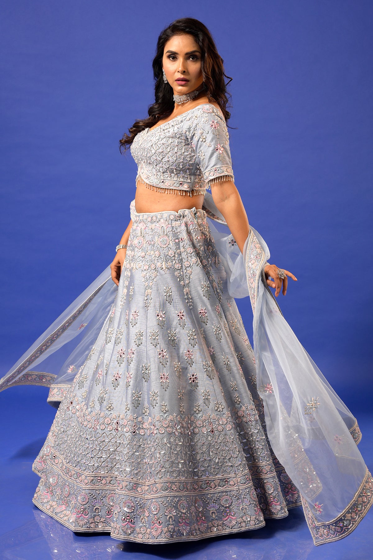 PANIHARI Light Steel Blue Hand Embroidered Lehenga Set in Raw Silk