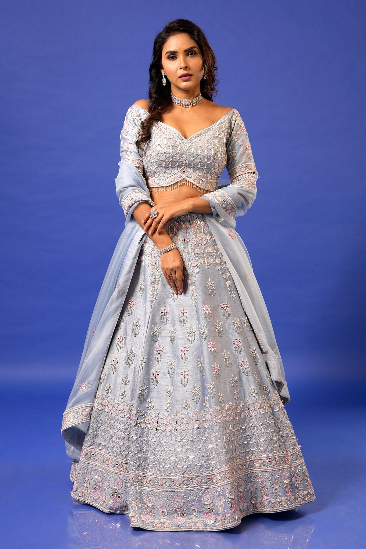 PANIHARi Light Steel Blue Hand Embroidered Lehenga Set in Raw Silk