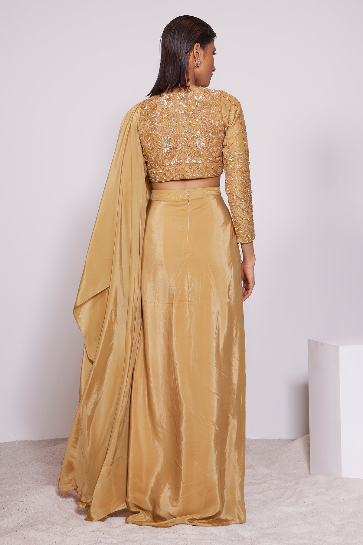 Panihari--Mustard Yellow Pre-draped Saree With Hand Embroidered V-neck Blouse