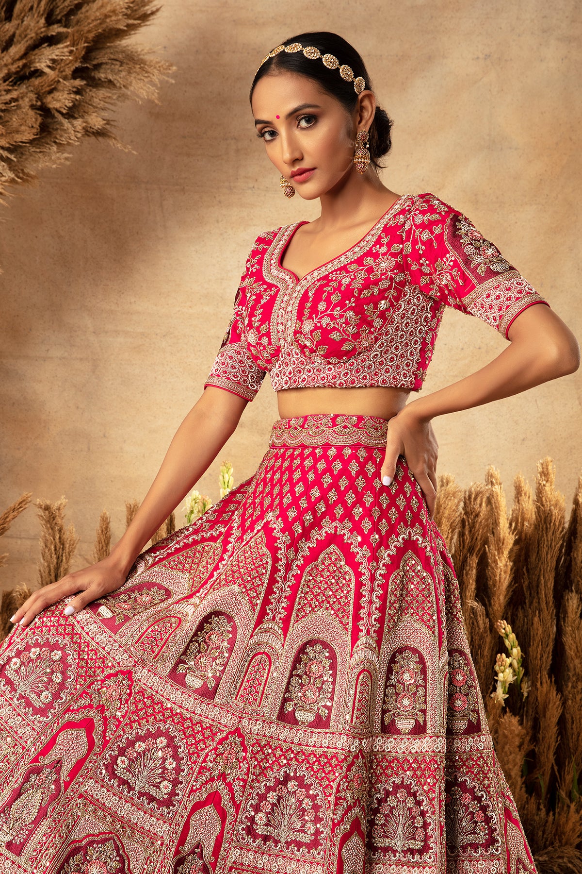 Panihari--Rani Pink and Maroon Embroidered Rajwadi Bridal Lehenga Set in Raw Silk