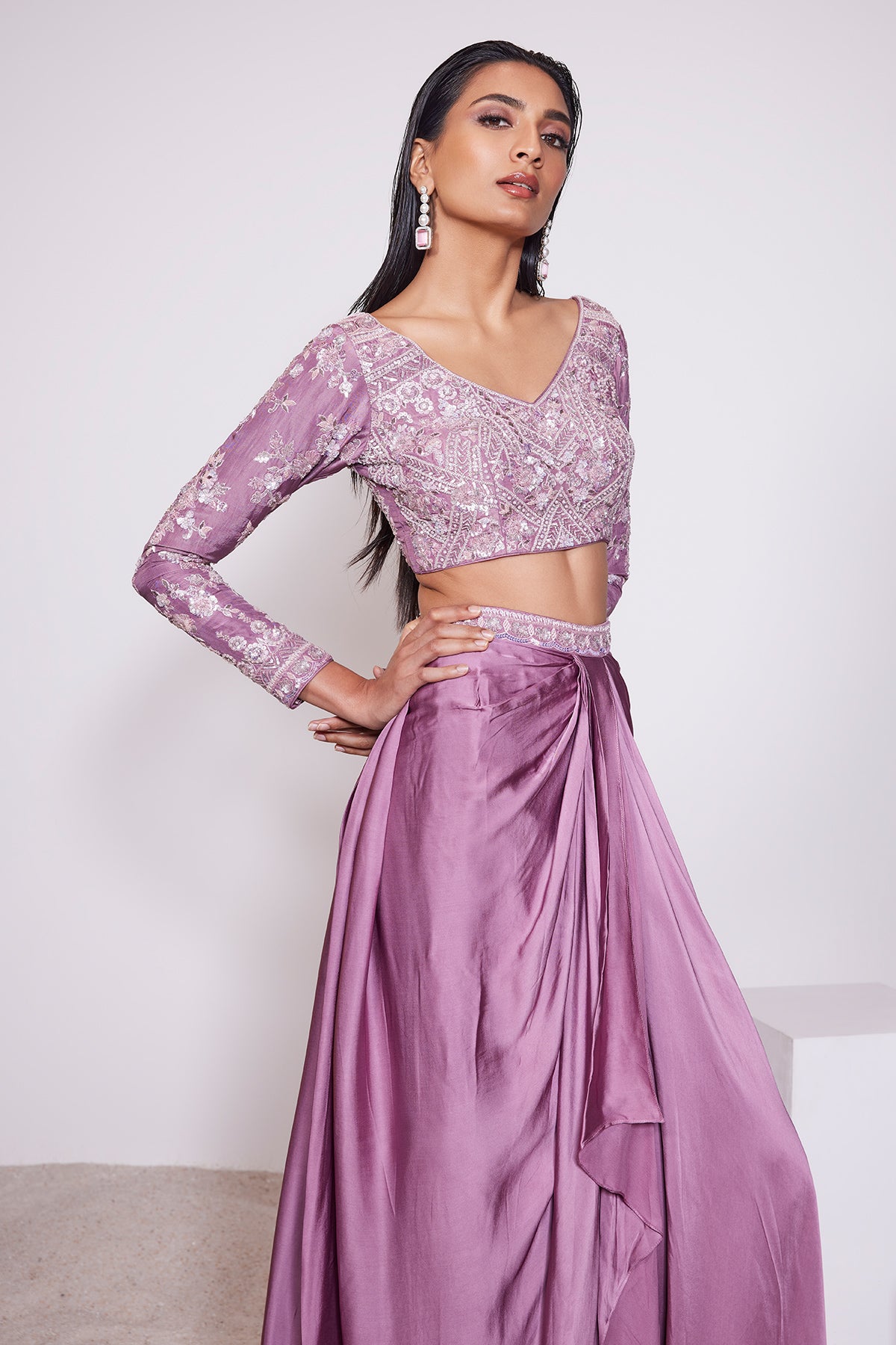 Panihari-Dark Mauve Embroidered Draped Skirt and Full Sleeve V-neck Blouse in Satin Crepe