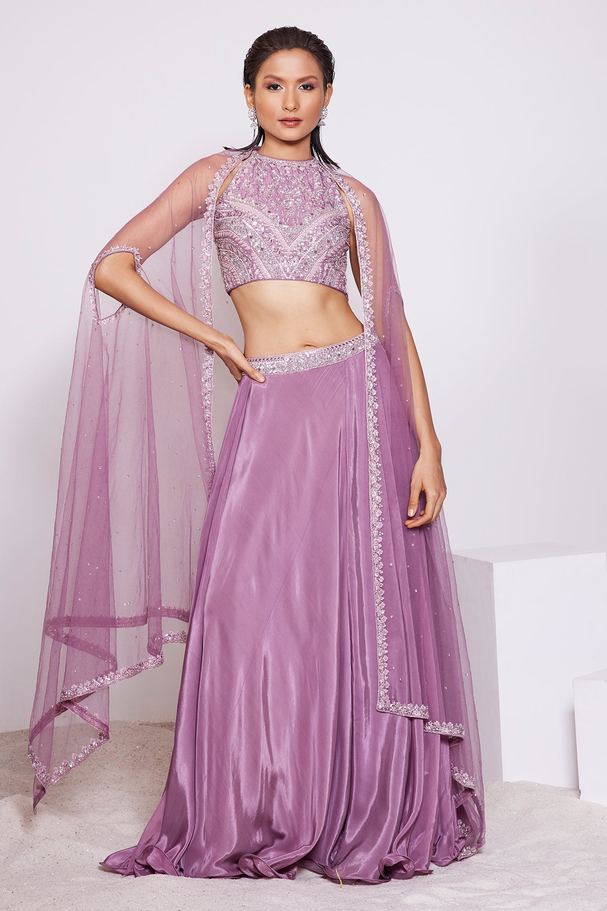 Panihari-Dark Mauve Skirt and Hand Embroidered Halter Neck-Top Along With a Cape