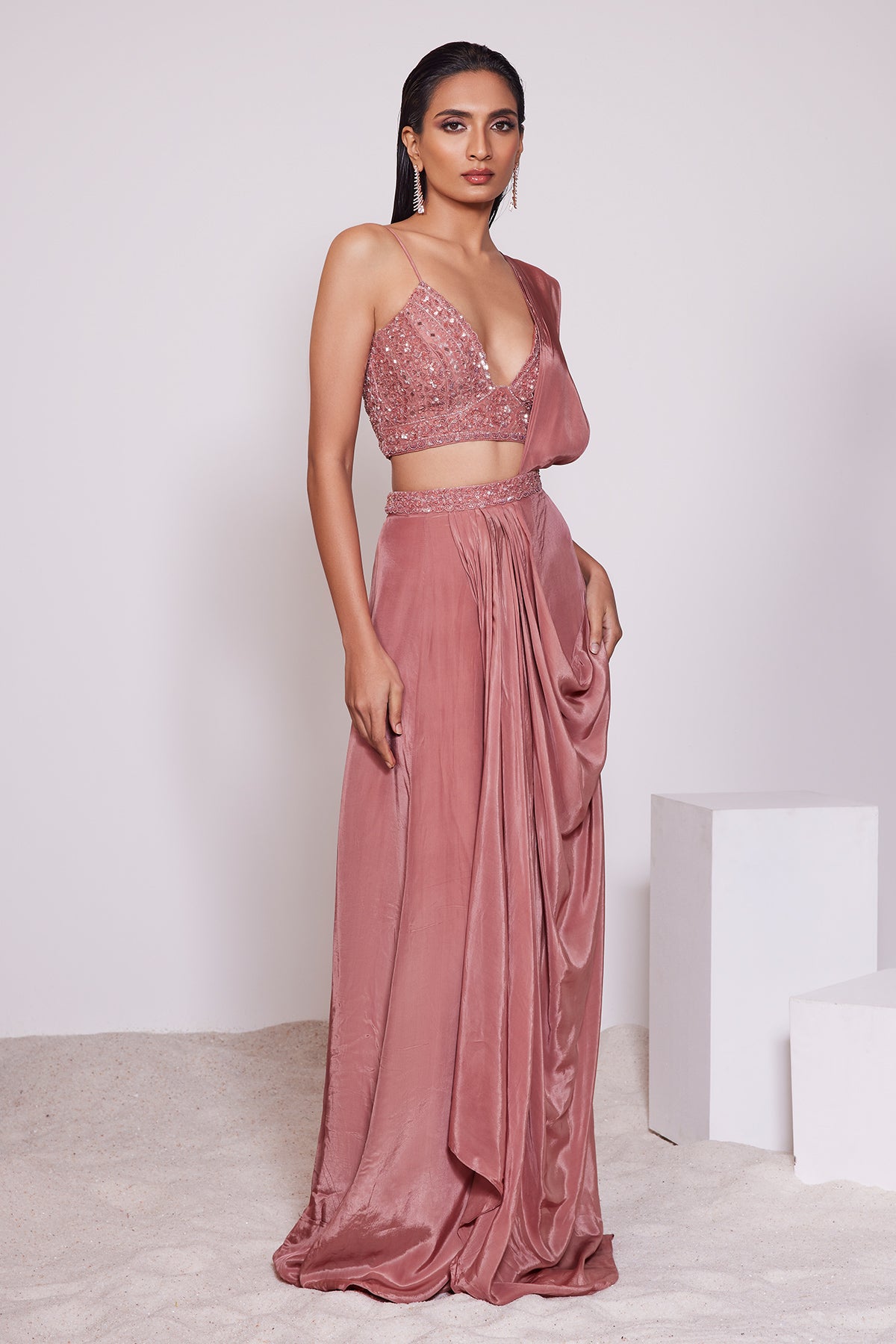 Panihari-Dusty Redwood Pre-draped Saree in Crepe and Hand Embroidered Blouse